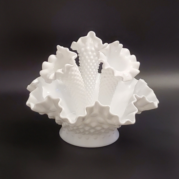 Fenton Other - Iconic Fenton Hobnail White Milk Glass Crimped Edge 4 pc Epergne Vintage